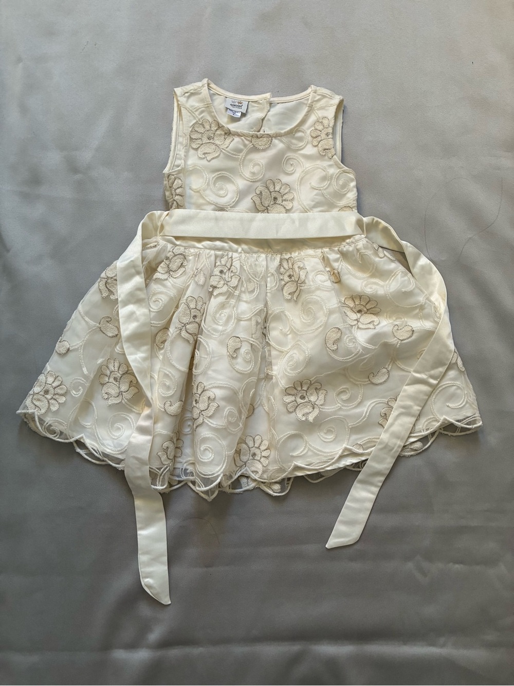 Special Edition Girls Fit & Flare Dress Beige Floral Embroidered Tie Back Size 5